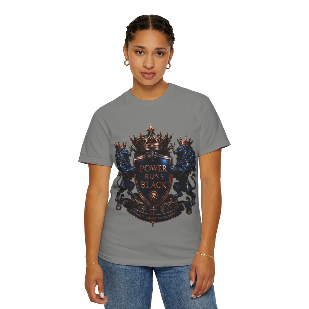 Power Runs Black Crest T-shirt | Heraldic Lion Shield Tee by Power Runs Black
