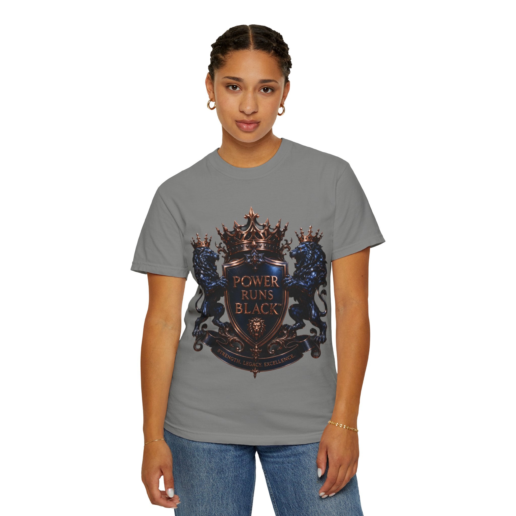 Power Runs Black Crest T-shirt | Heraldic Lion Shield Tee by Power Runs Black