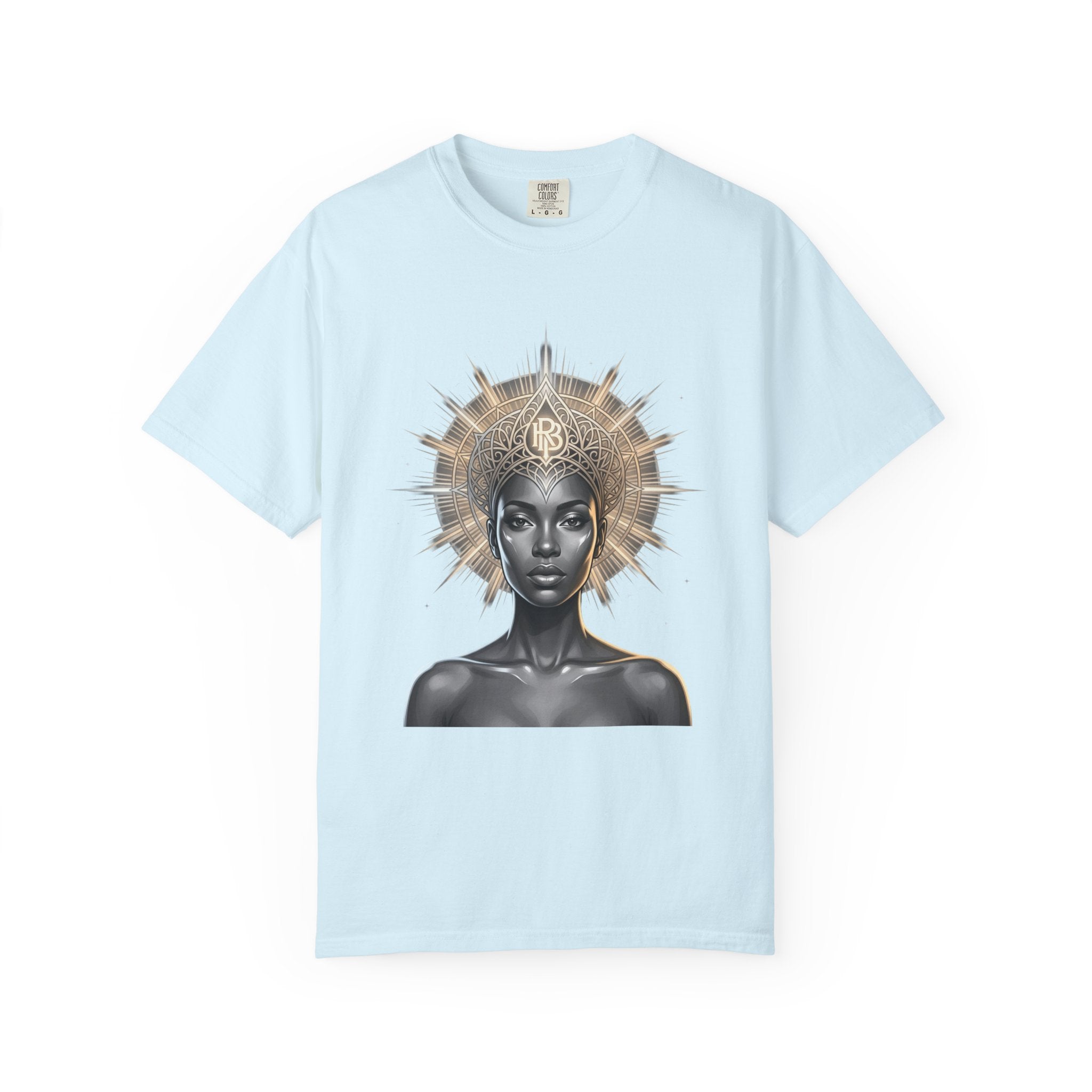 Printify PRB Goddess Halo T‑Shirt — Black Goddess Portrait with Ornate Gold Headdress - T-Shirt