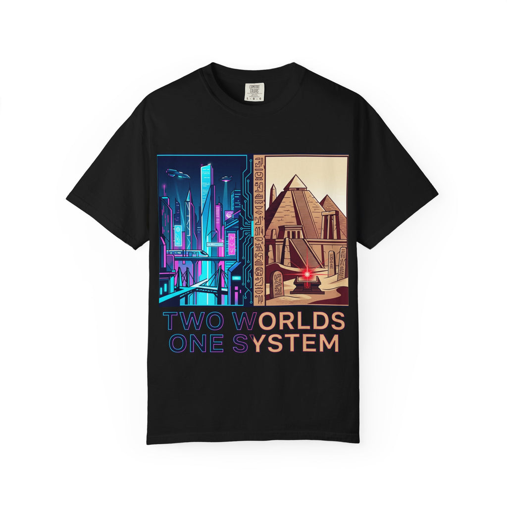 Power Runs Black PRB Blue Technopolis/ Red Dominion Two Worlds One System T-Shirt by Power Runs Black