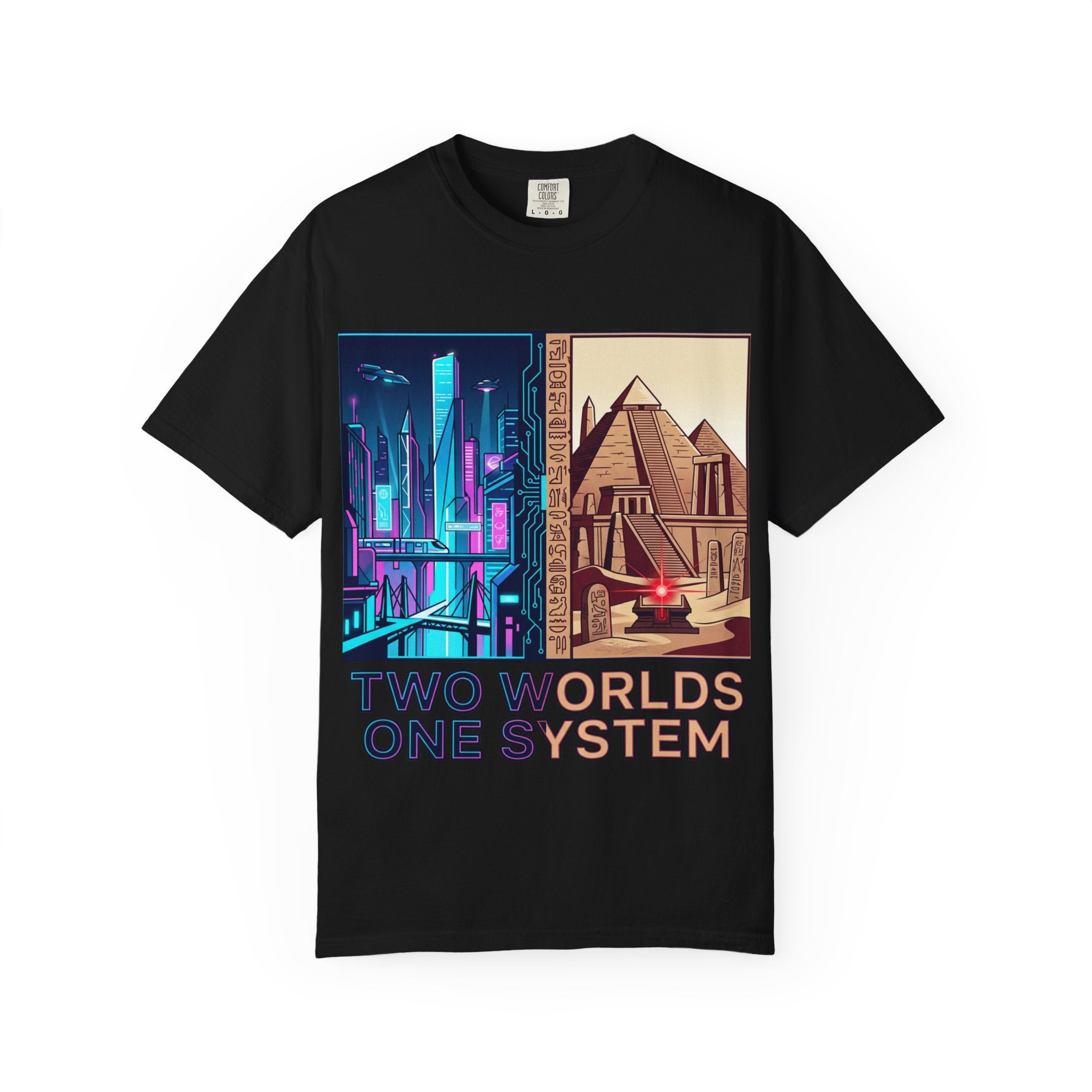 Power Runs Black PRB Blue Technopolis/ Red Dominion Two Worlds One System T-Shirt by Power Runs Black