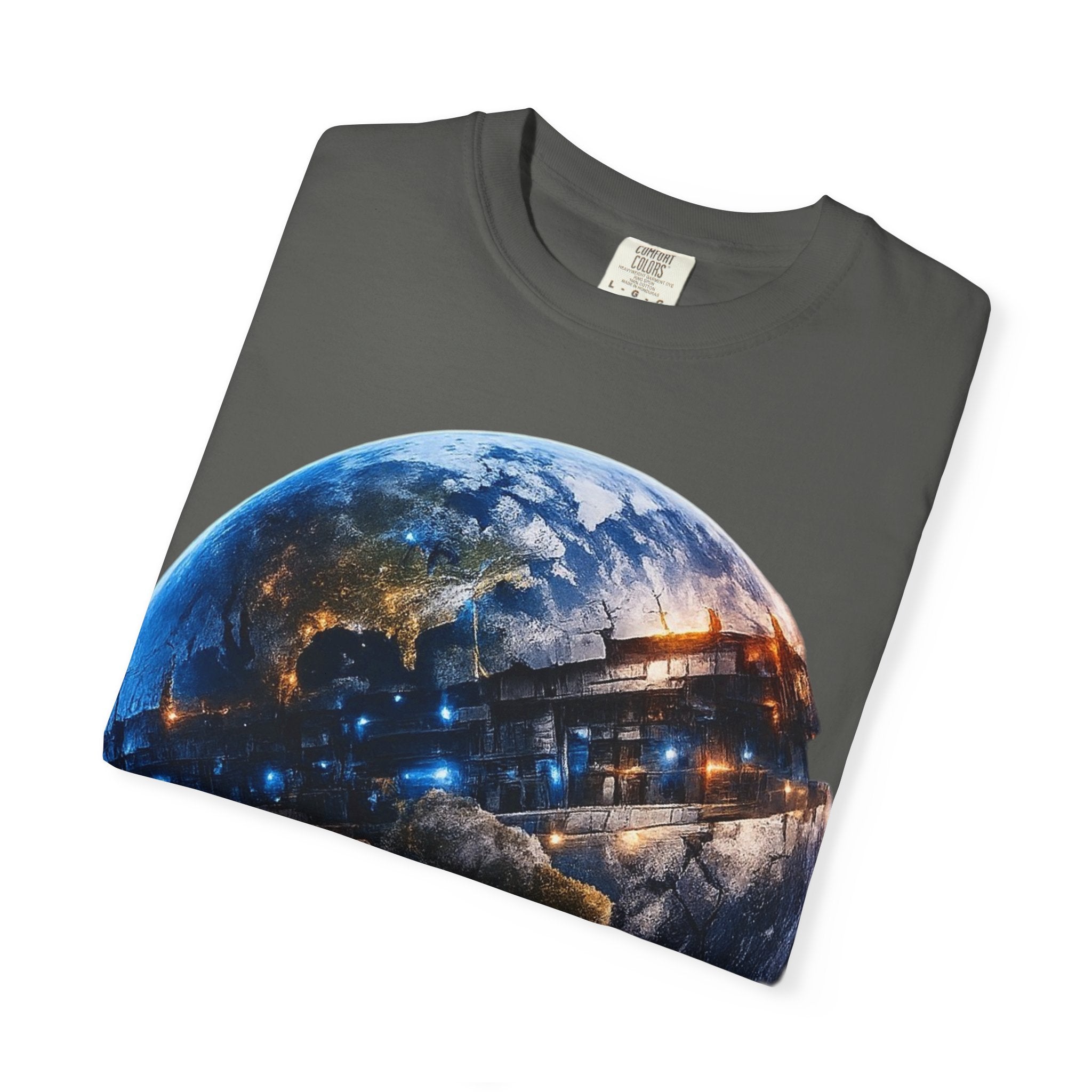 PRB Cityscape Globe T-shirt | Nighttime Earth Illustration, Urban Lights by Power Runs Black