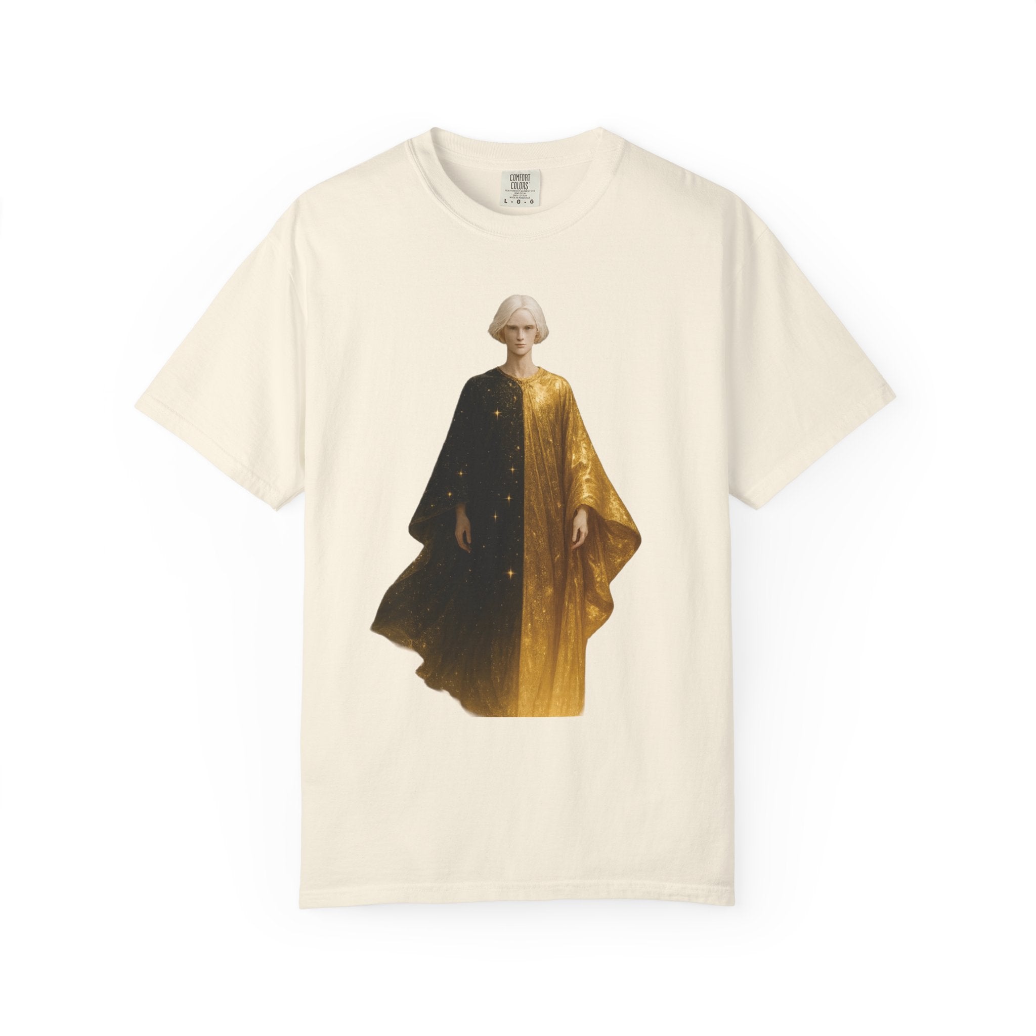 Power Runs Black PRB Twelfth Golden Cloak Figure T-Shirt | Surreal Angelic Portrait by Power Runs Black