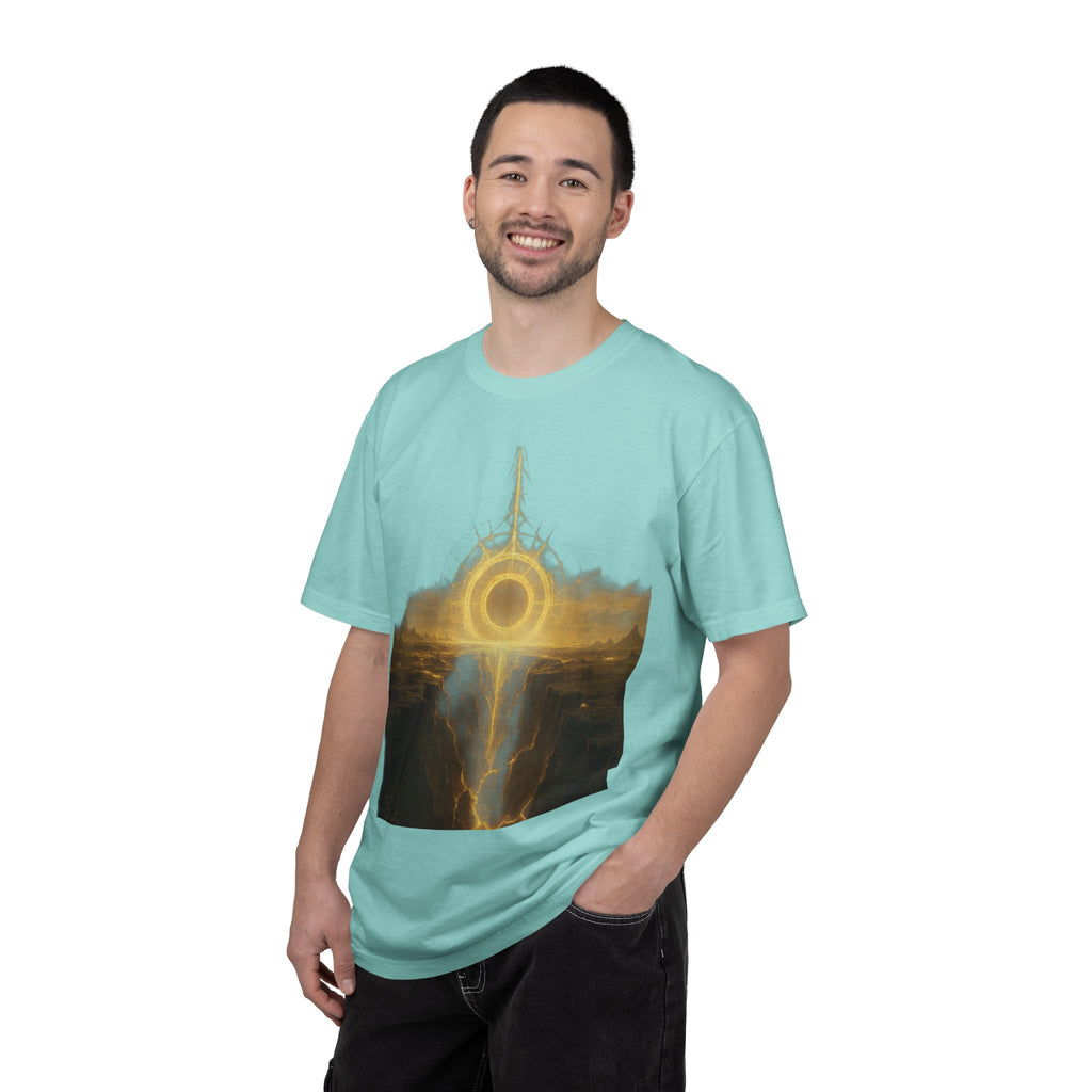 Power Runs Black PRB Golden Eclipse Portal T-shirt | Fantasy Landscape, Mystic Ring, Tower Art by Power Runs Black