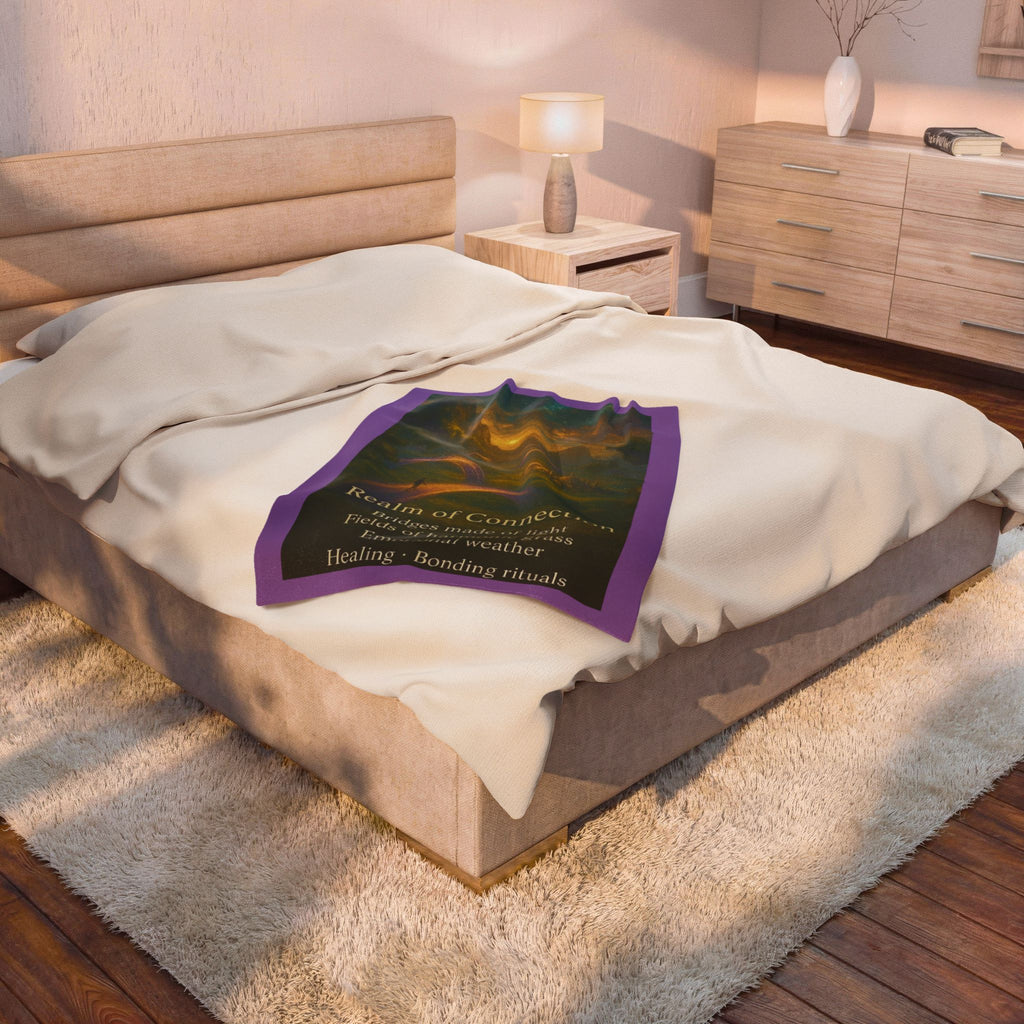 PRB Realm of Connection velveteen plush blanket | ethereal landscape, light bridges, healing text by Power Runs Black