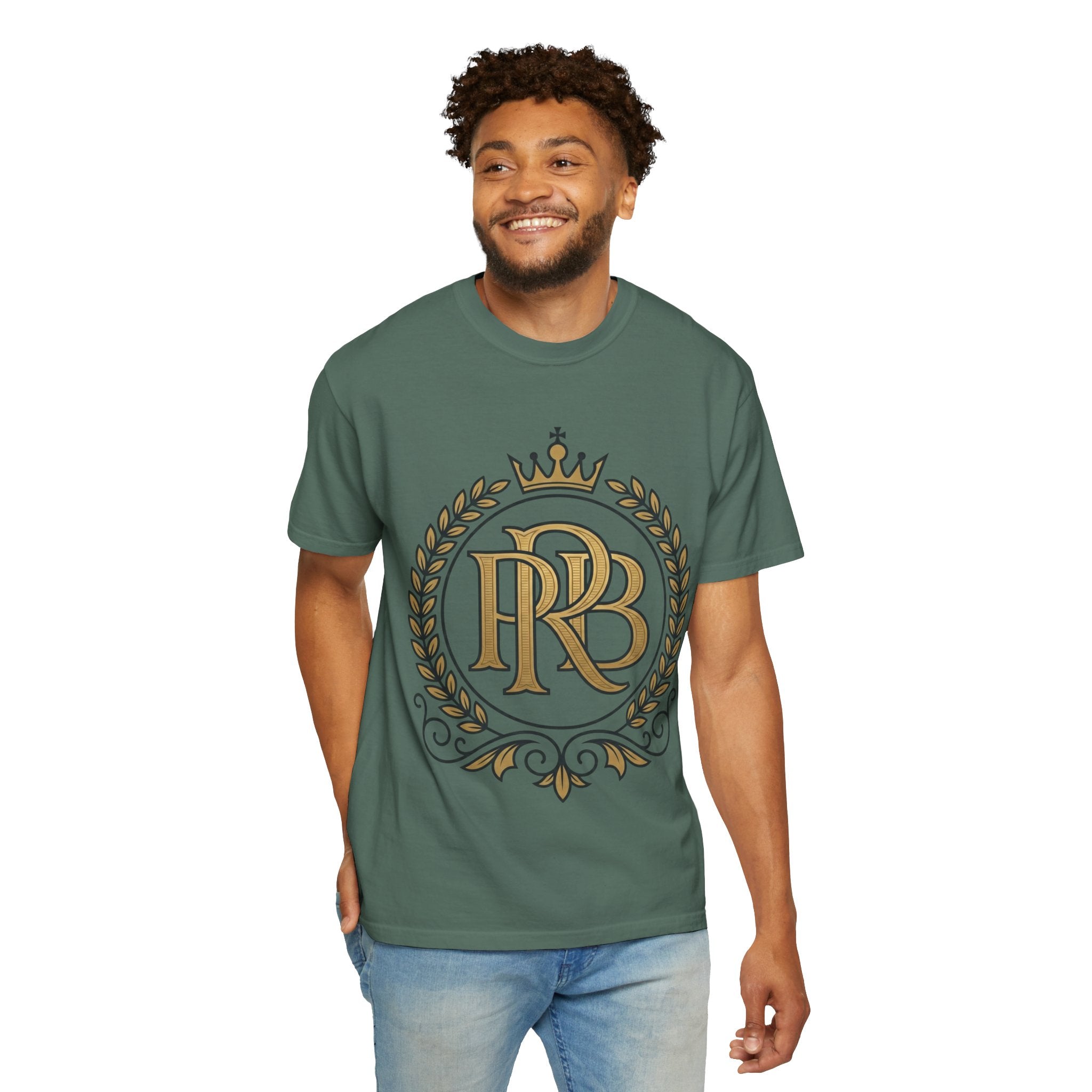 PRB Gold Monogram Crest Graphic T-Shirt | Laurel Crown Emblem Streetwear Tee by Printify