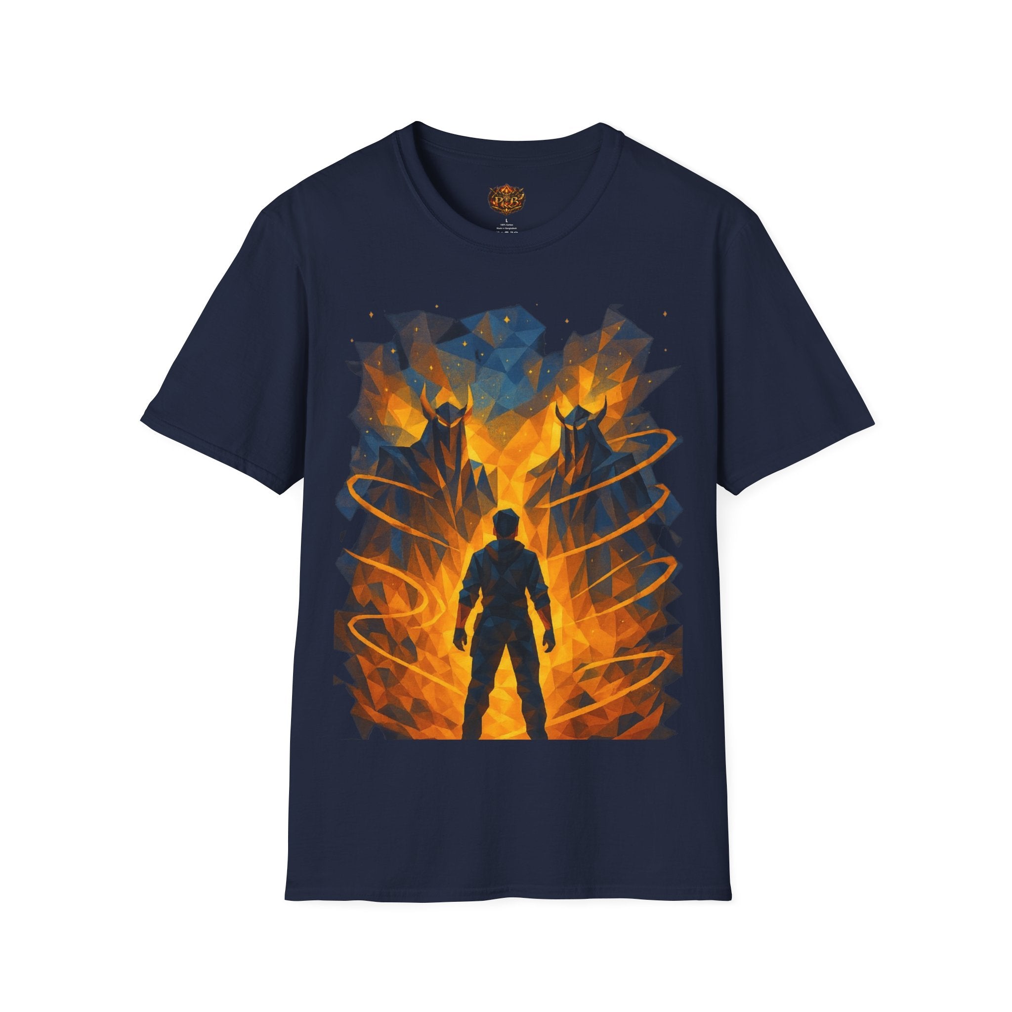 PRB Flame Silhouette Warrior T-Shirt | Fiery Geometric Backdrop by Power Runs Black