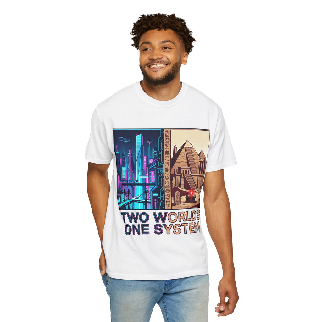 Power Runs Black PRB Blue Technopolis/ Red Dominion Two Worlds One System T-Shirt by Power Runs Black
