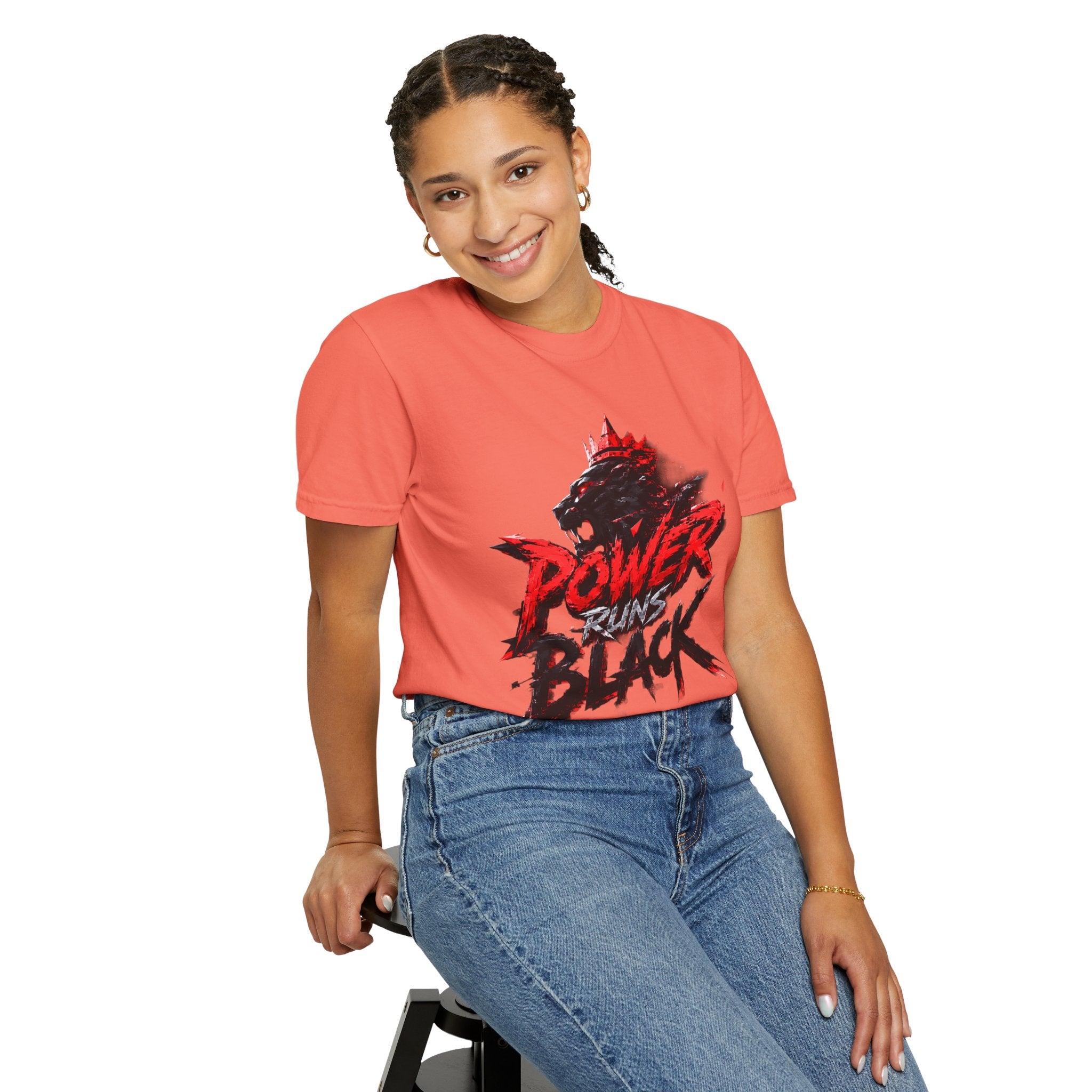 Power Runs Black T-shirt | Wolf Silhouette, Red Black Graphic Tee by Power Runs Black