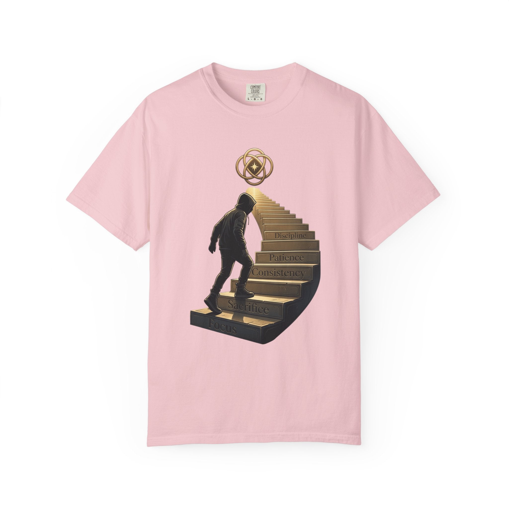 Printify PRB Stairway of Growth T-Shirt | Person Ascending Steps with Symbols - T-Shirt
