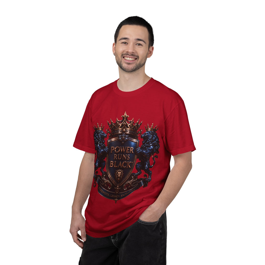 Power Runs Black Crest T-shirt | Heraldic Lion Shield Tee by Power Runs Black