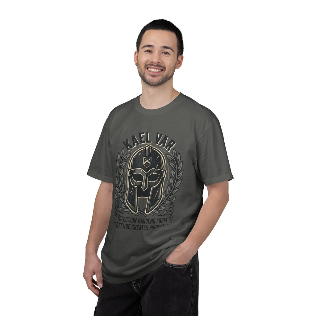 Power Runs Black PRB Kael Var Helmet Graphic T-Shirt — "Protection Hardens Form" Warrior Tee by Power Runs Black