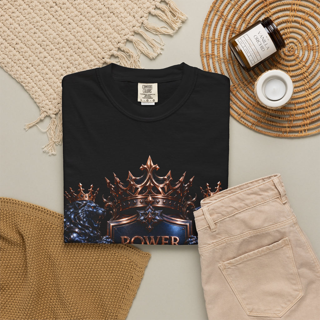 Power Runs Black Crest T-shirt | Heraldic Lion Shield Tee by Power Runs Black
