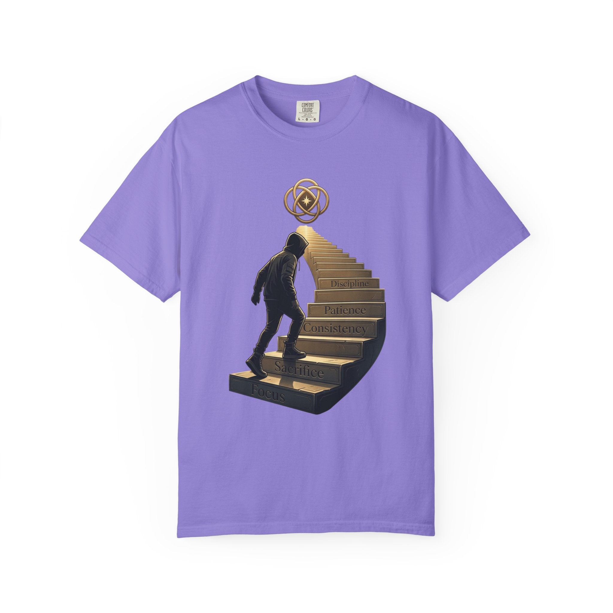 Printify PRB Stairway of Growth T-Shirt | Person Ascending Steps with Symbols - T-Shirt