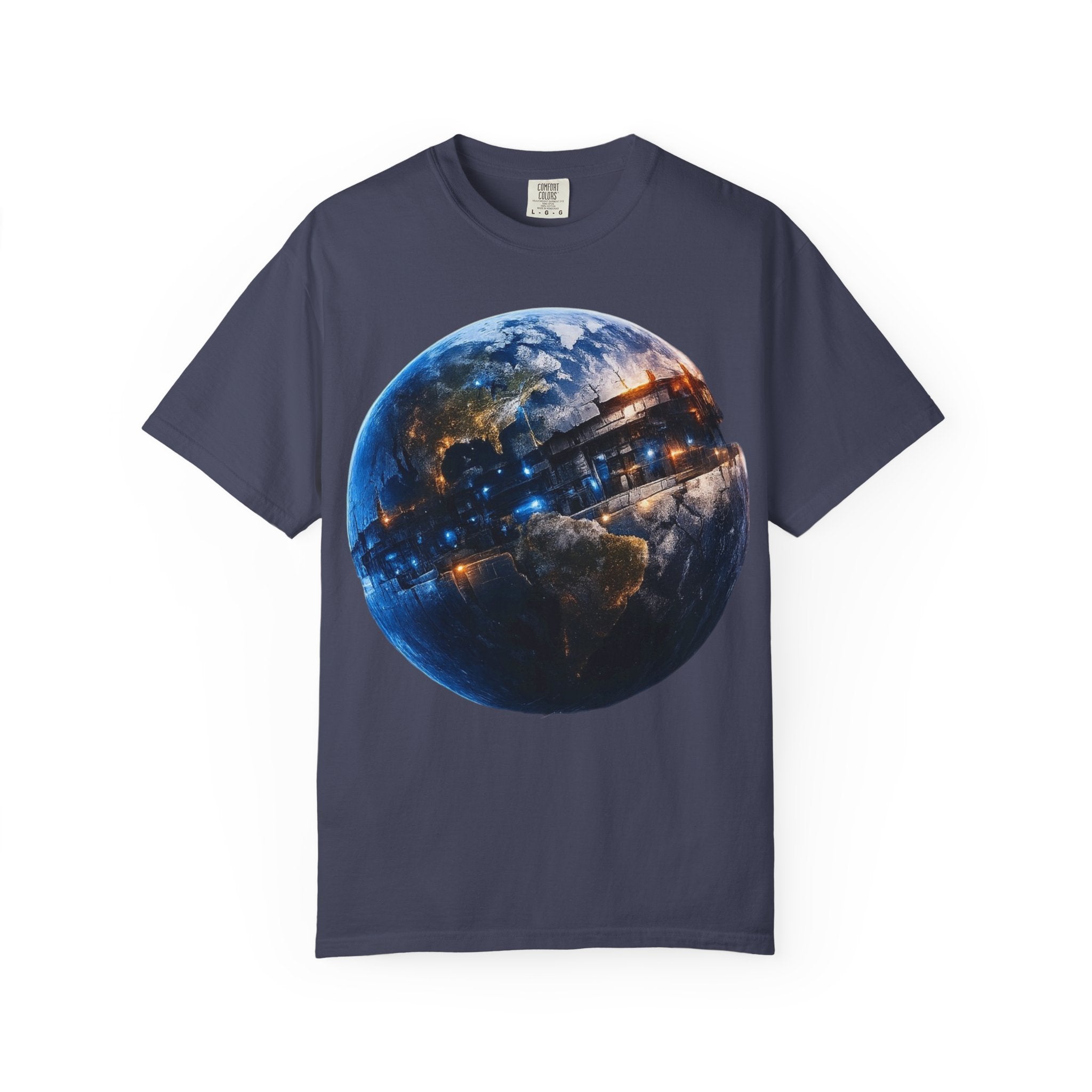 PRB Cityscape Globe T-shirt | Nighttime Earth Illustration, Urban Lights by Power Runs Black