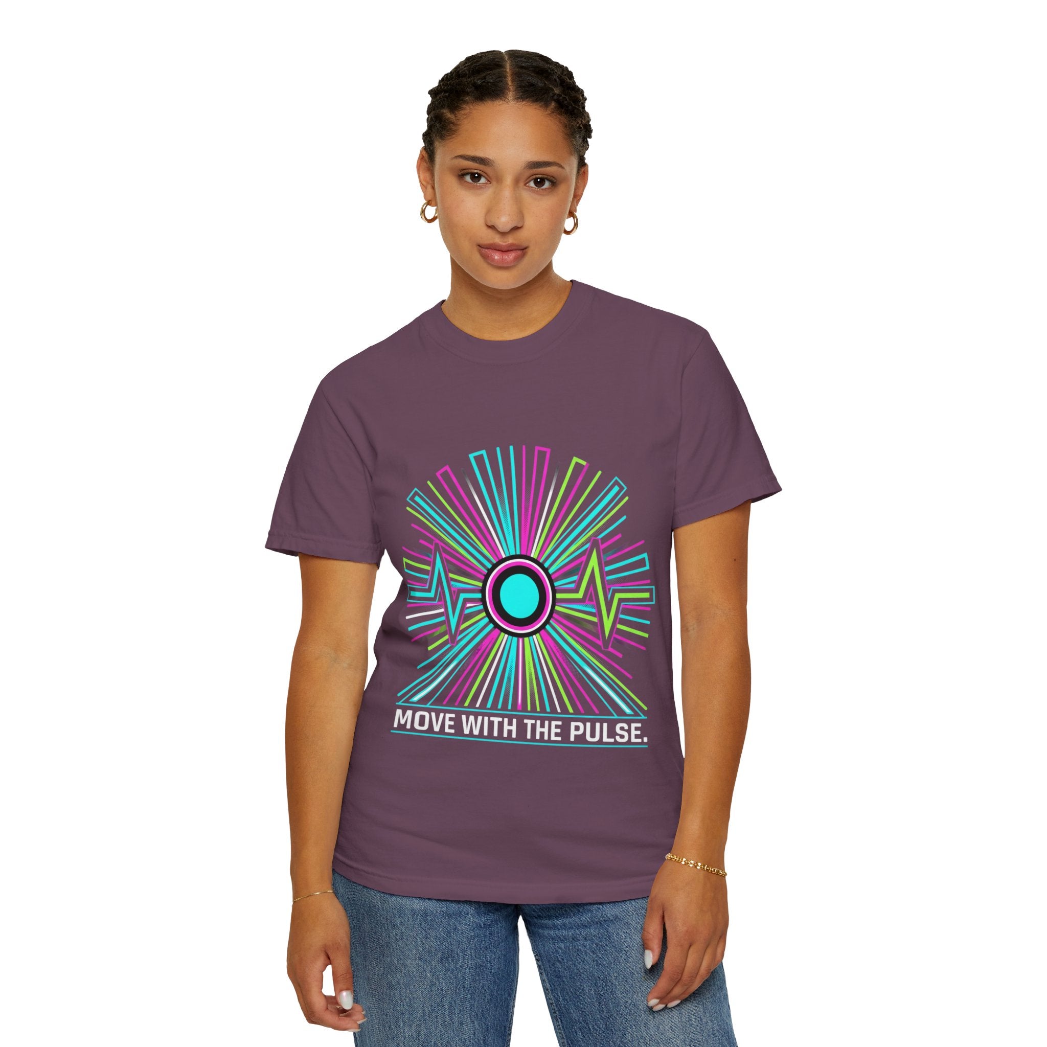 Power Runs Black PRB Electric "Move With Pulse" Graphic T-Shirt — Neon Sunburst Design by Power Runs Black