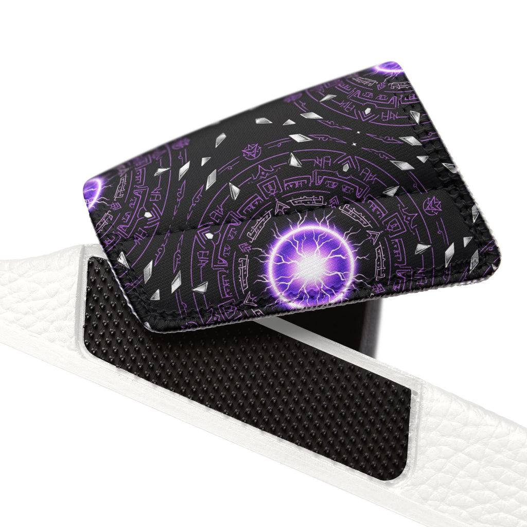 Power Runs Black Men's Removable-Strap Slide Sandals — Purple Cosmic Mandala Pattern by Power Runs Black