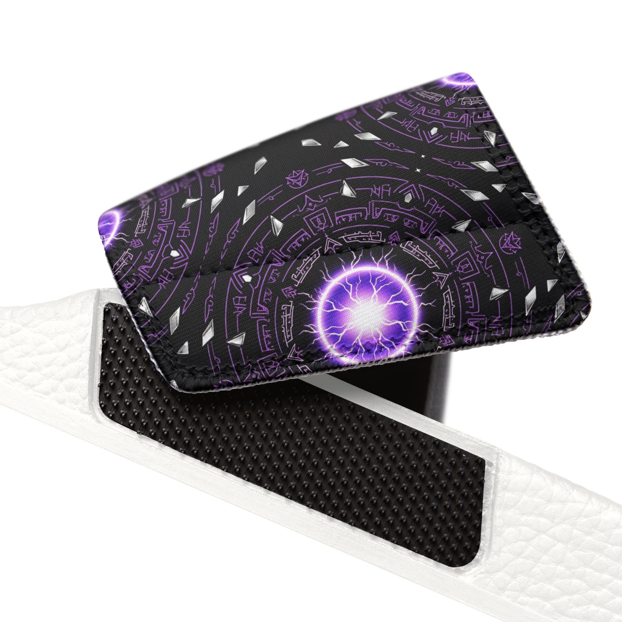 Power Runs Black Men's Removable-Strap Slide Sandals — Purple Cosmic Mandala Pattern by Power Runs Black