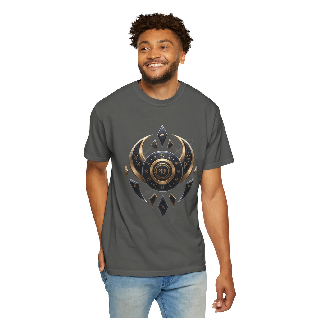 Power Runs Black Mystic Compass Disc T-Shirt — Geometric Gold & Black Emblem Tee by Printify