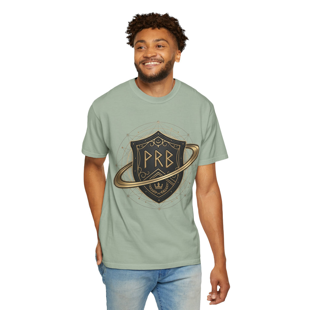 Power Runs Black Astral Crest Shield PRB T-Shirt | Saturn Ring Emblem, Gothic Heraldry by Printify