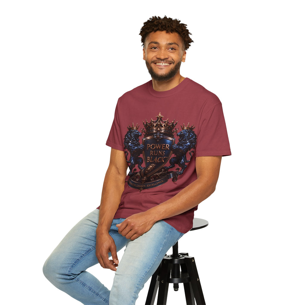 Power Runs Black Crest T-shirt | Heraldic Lion Shield Tee by Power Runs Black