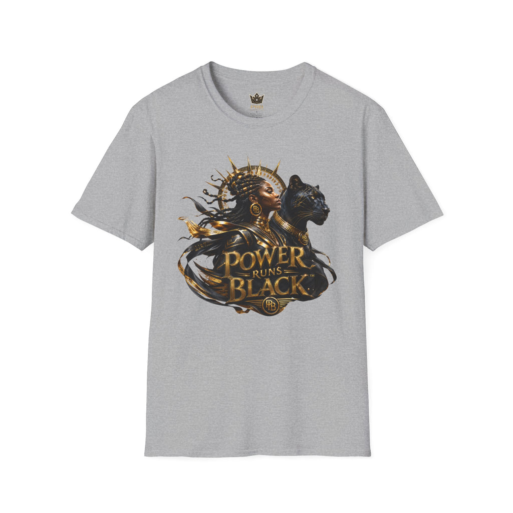 Power Runs Black PRB | Black Woman Portrait, Gold Accents Panther Graphics T by Printify
