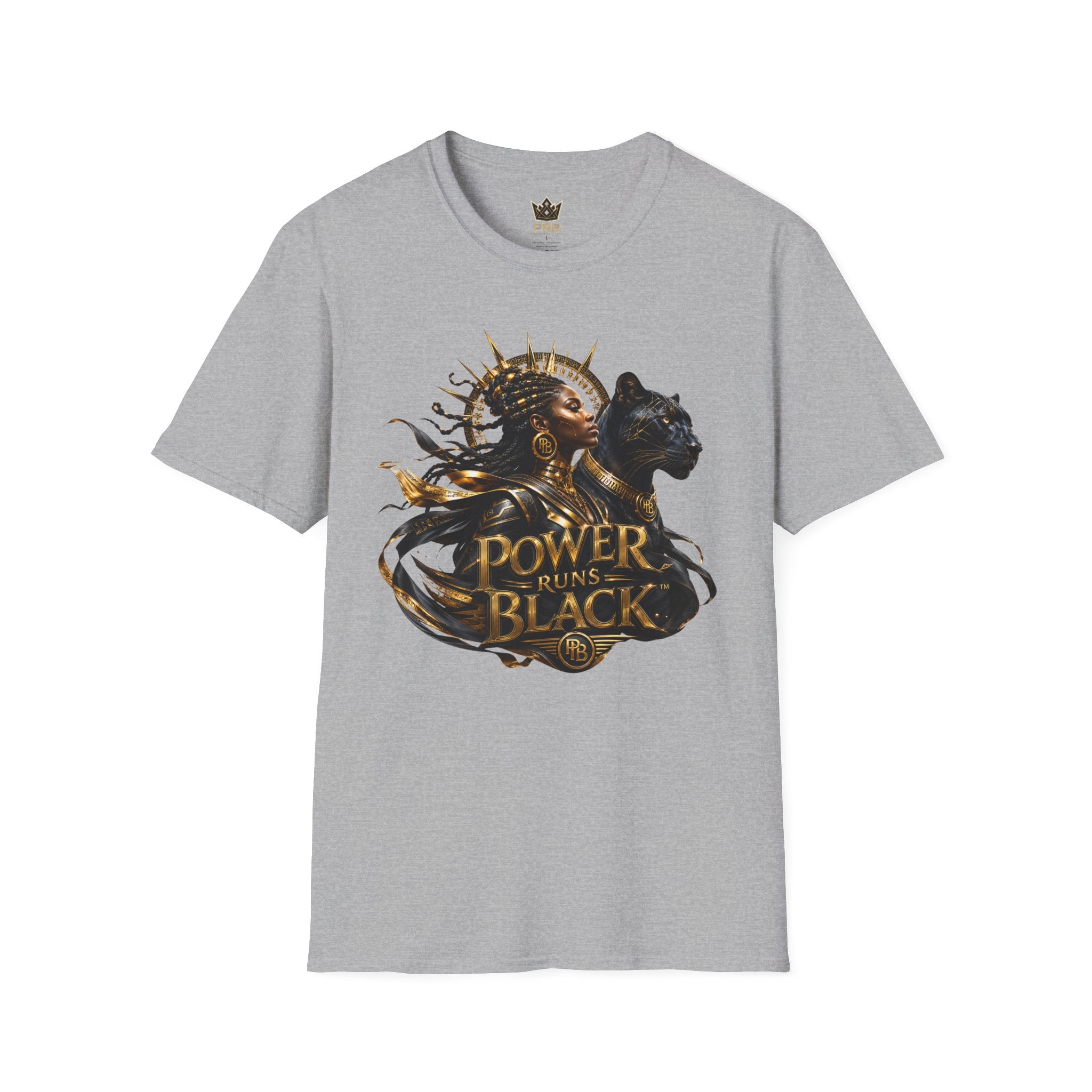 Power Runs Black PRB | Black Woman Portrait, Gold Accents Panther Graphics T by Printify