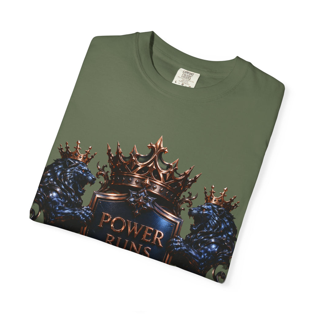 Power Runs Black Crest T-shirt | Heraldic Lion Shield Tee by Power Runs Black