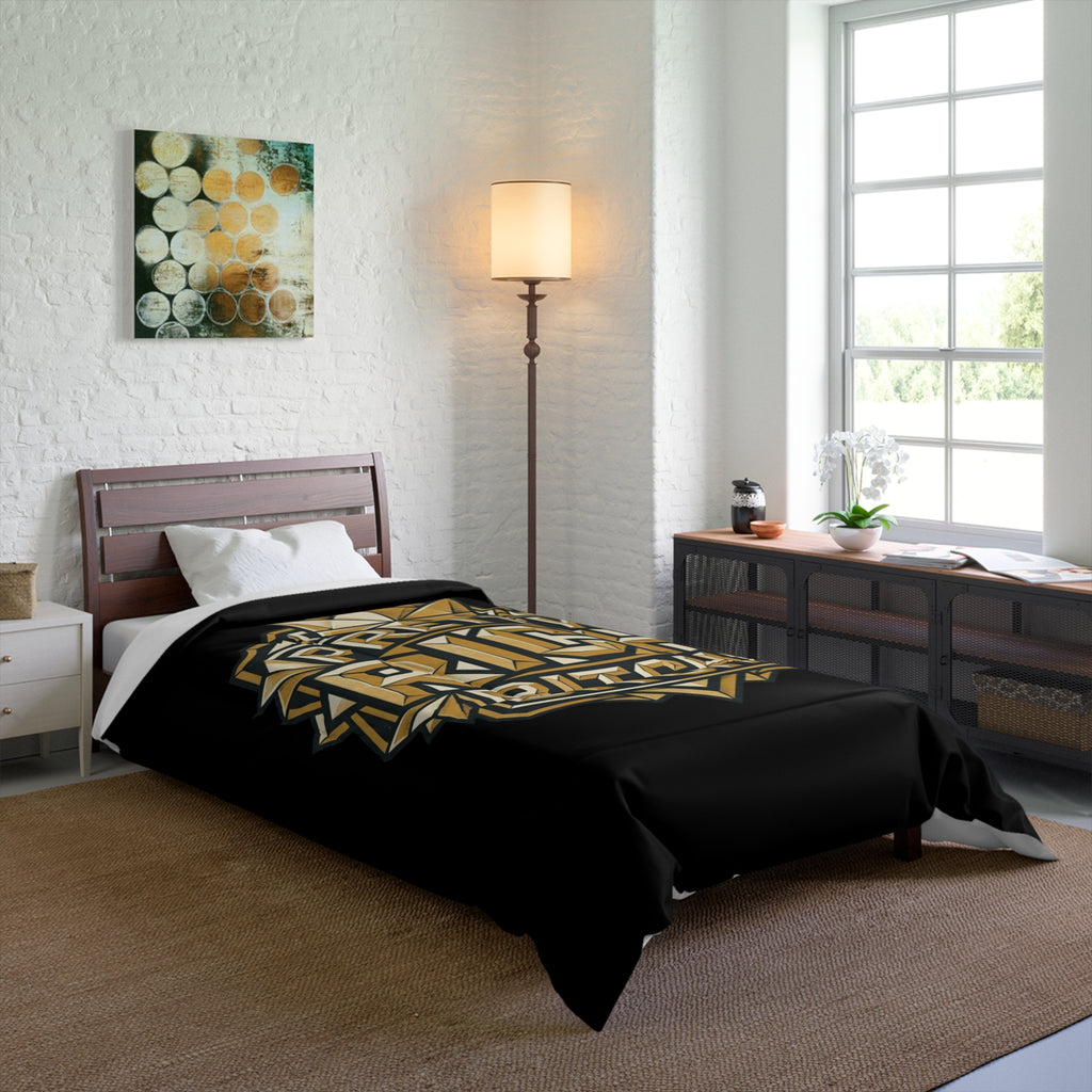 PRB Pretty Rich Bitch Comforter — Bold Gold Art Deco Luxe Bedding by Power Runs Black