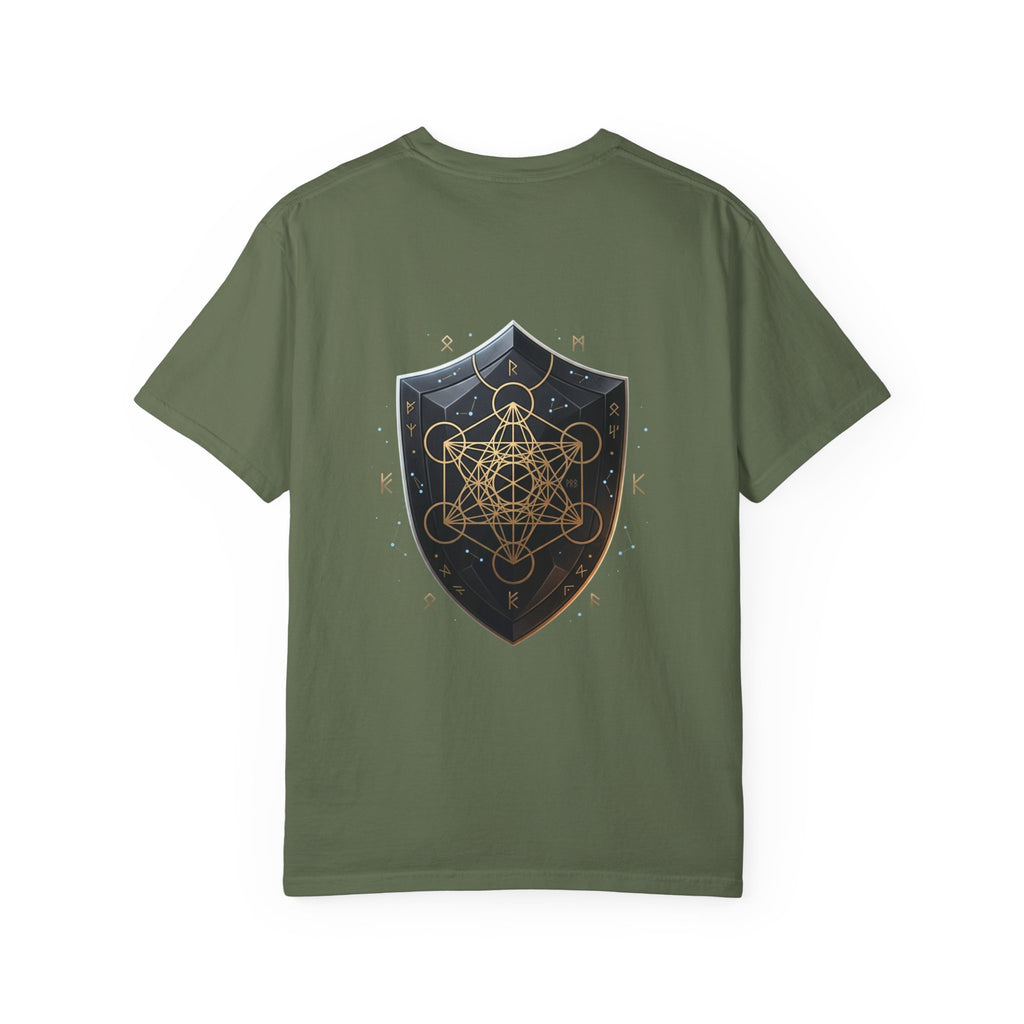 Power Runs Black Mystic Compass Disc T-Shirt — Geometric Gold & Black Emblem Tee by Printify