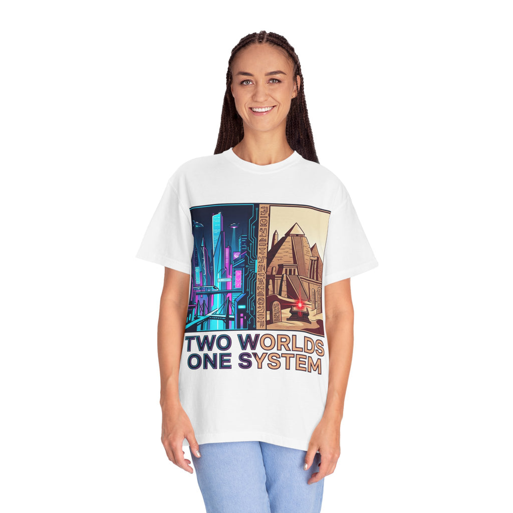 Power Runs Black PRB Blue Technopolis/ Red Dominion Two Worlds One System T-Shirt by Power Runs Black