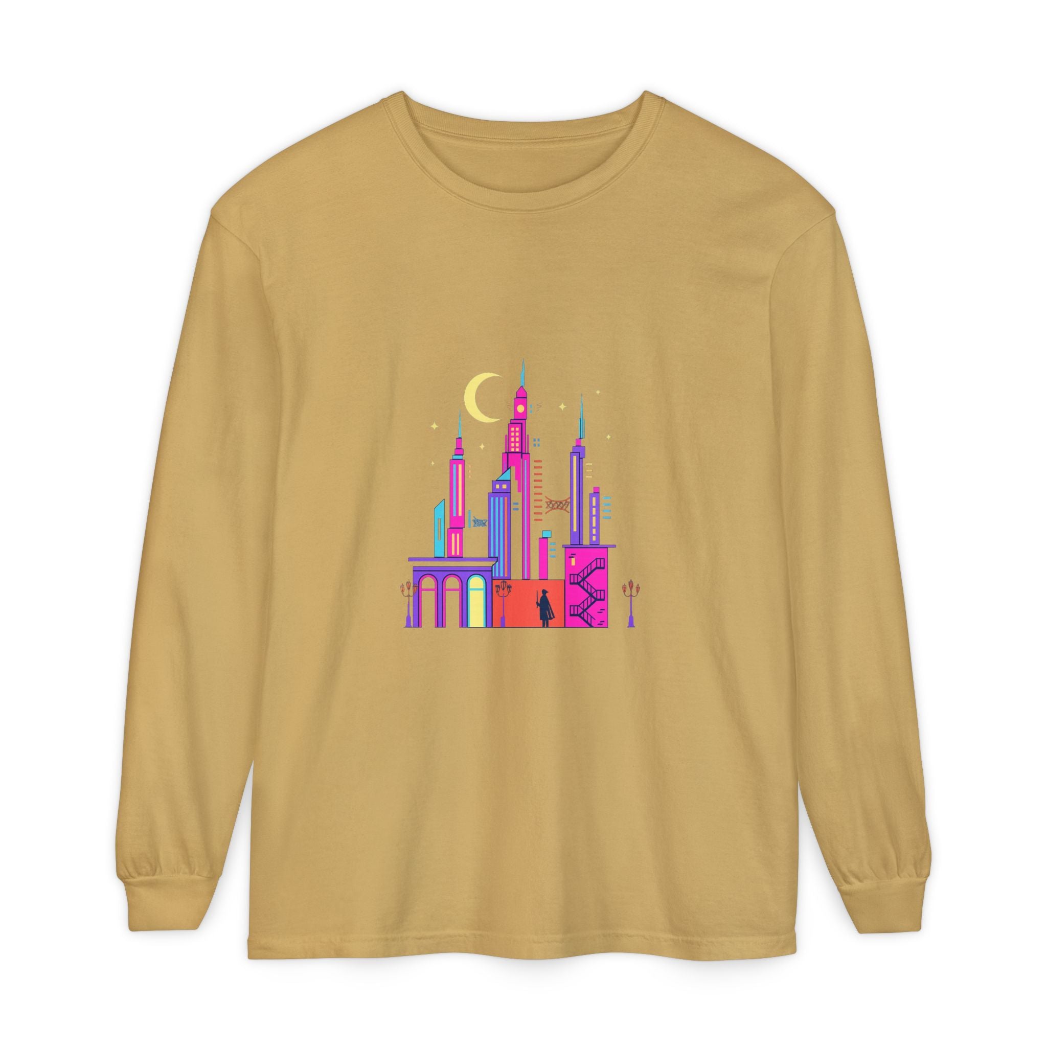 PRB Neon City Skyline Long Sleeve Shirt | Urban Nightscape Illustration by Power Runs Black