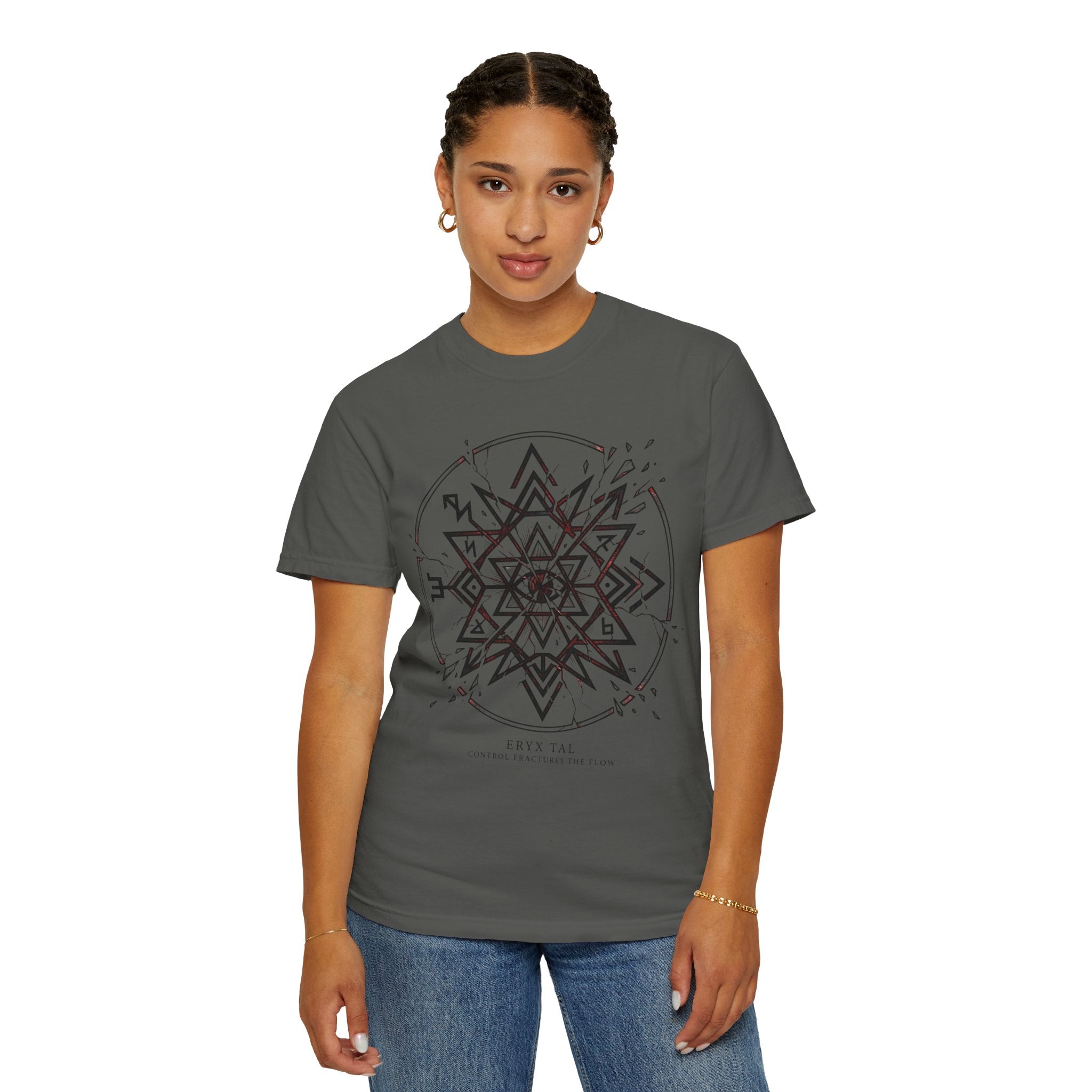 Power Runs Black PRB Eryx Tal Geometric Mandala T-Shirt — Symmetric Star Graphic Tee by Printify