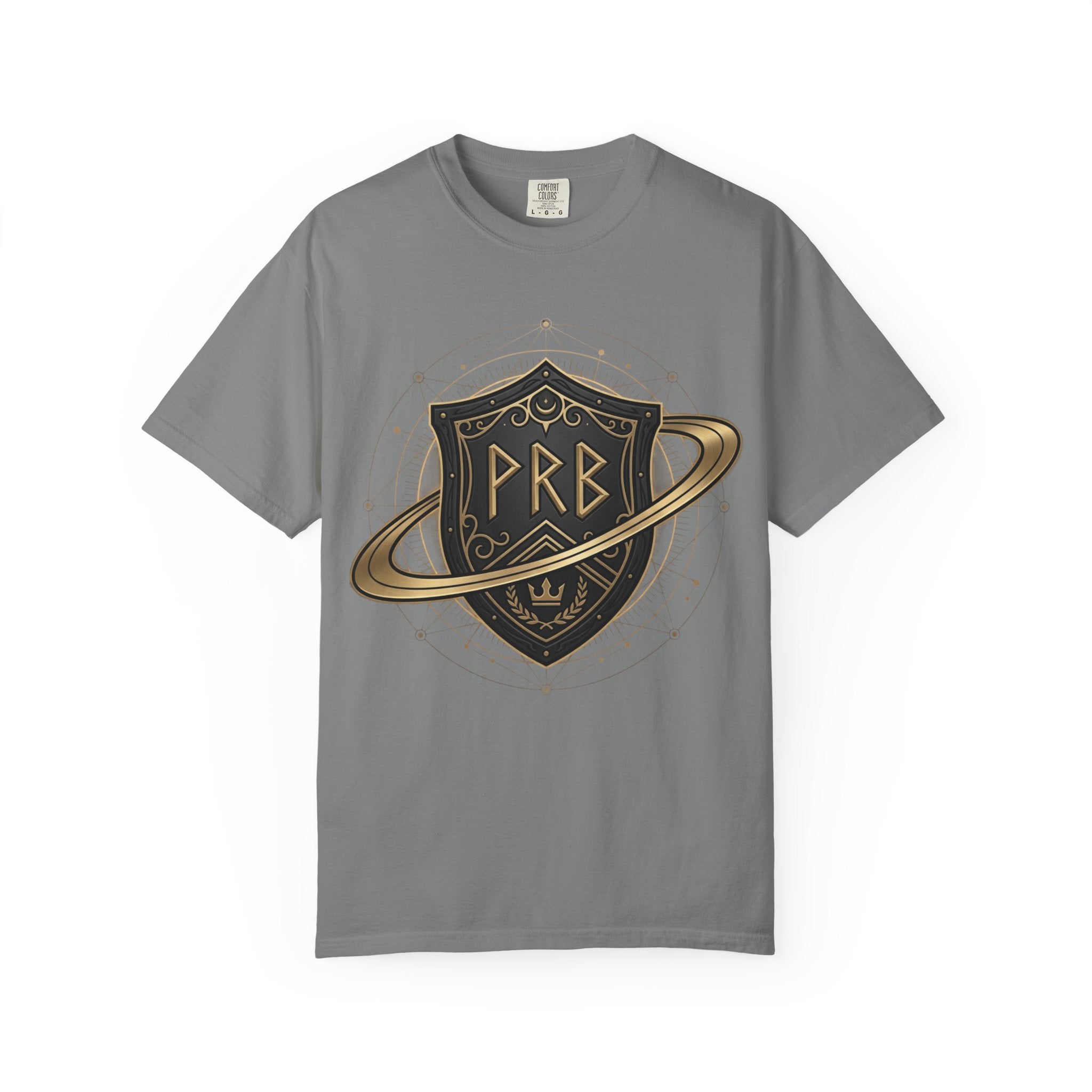 Power Runs Black Astral Crest Shield PRB T-Shirt | Saturn Ring Emblem, Gothic Heraldry by Printify