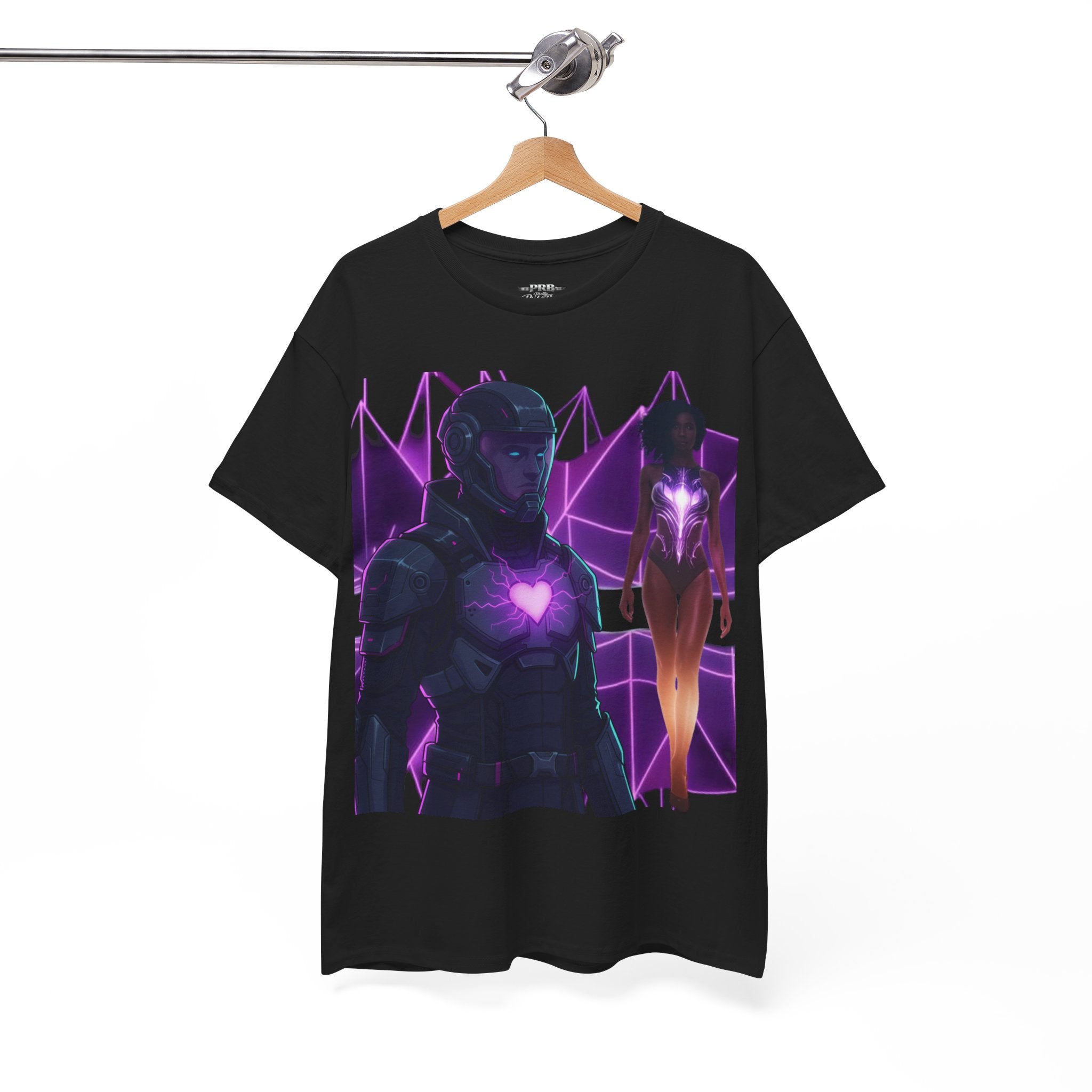 Power Run Black PRB Pretty Rich Bitch The Collection Purple Heart Cyberpunk Knight T-Shirt | Futuristic Armor Sci‑Fi Tee by Printify