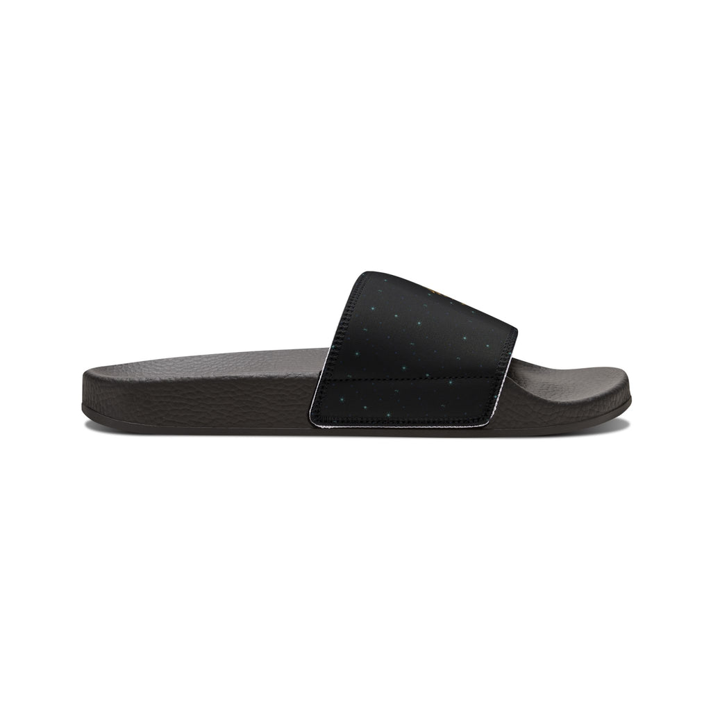 Power Runs Black Slide Sandals - Black Mythical Crest Logo Slides for Men by Power Runs Black