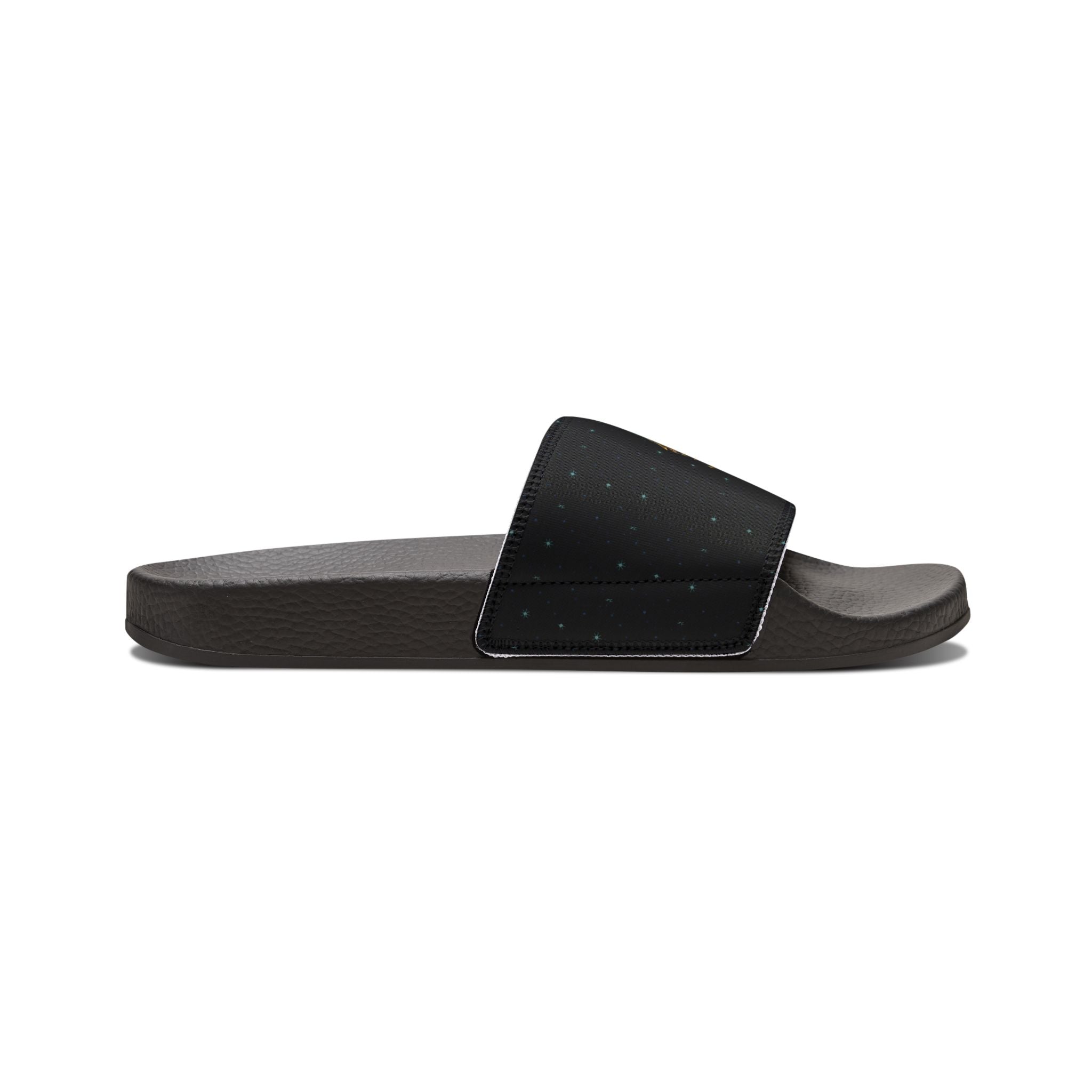 Power Runs Black Slide Sandals - Black Mythical Crest Logo Slides for Men by Power Runs Black