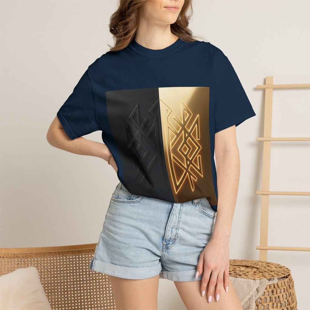 Power Runs Black PRB Geometric Split Glow T-Shirt — Black & Gold Tribal Diamond Graphic by Power Runs Black