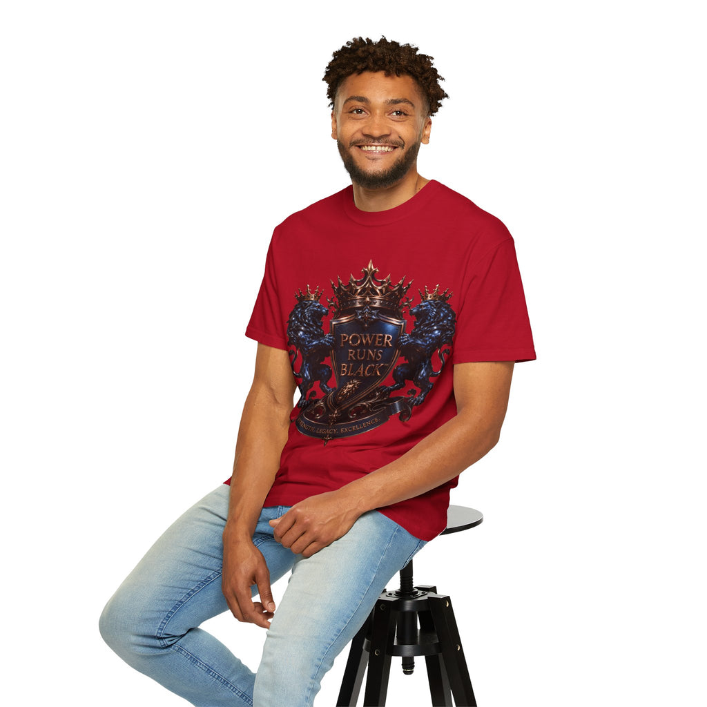 Power Runs Black Crest T-shirt | Heraldic Lion Shield Tee by Power Runs Black