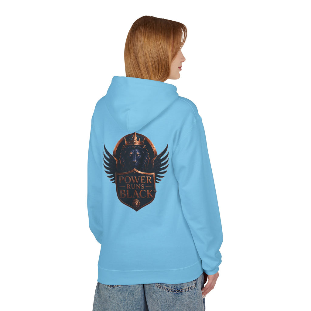 Power Runs Black crest hoodie | medieval shield with lions and wings by Power Runs Black