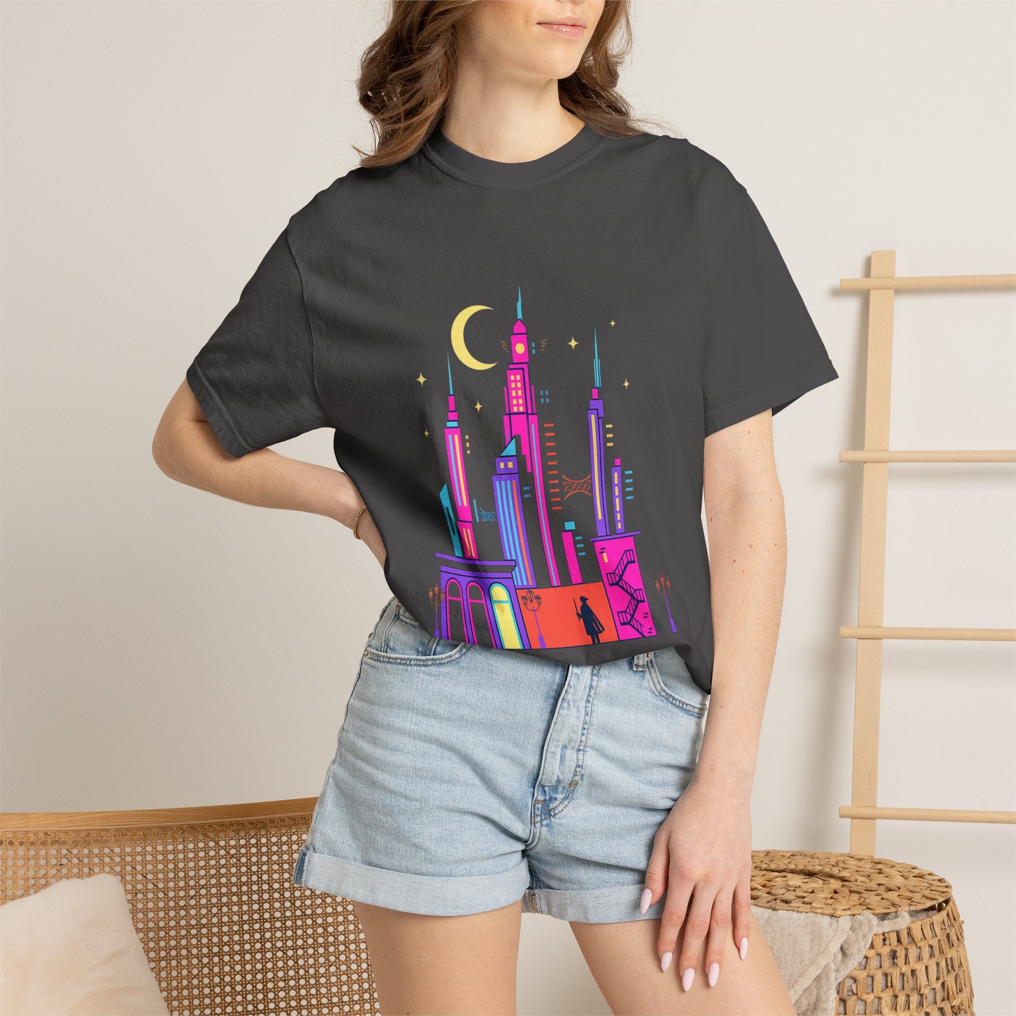 Power Runs Black PRB Neon City Skyline T-shirt | Vibrant Urban Nightscape Tee by Printify