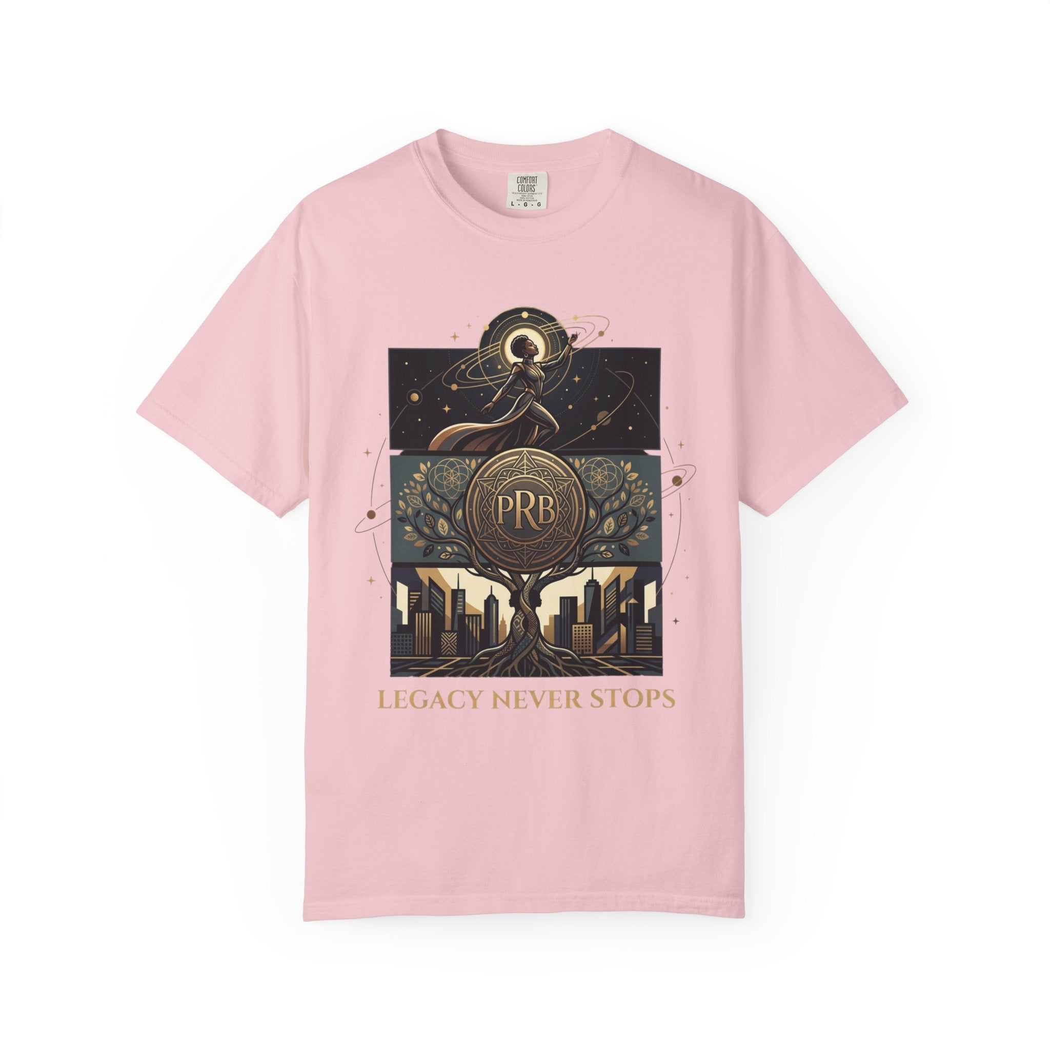 PRB Legacy Never Stops Graphic T-Shirt | Art Deco City Skyline Tee by Printify