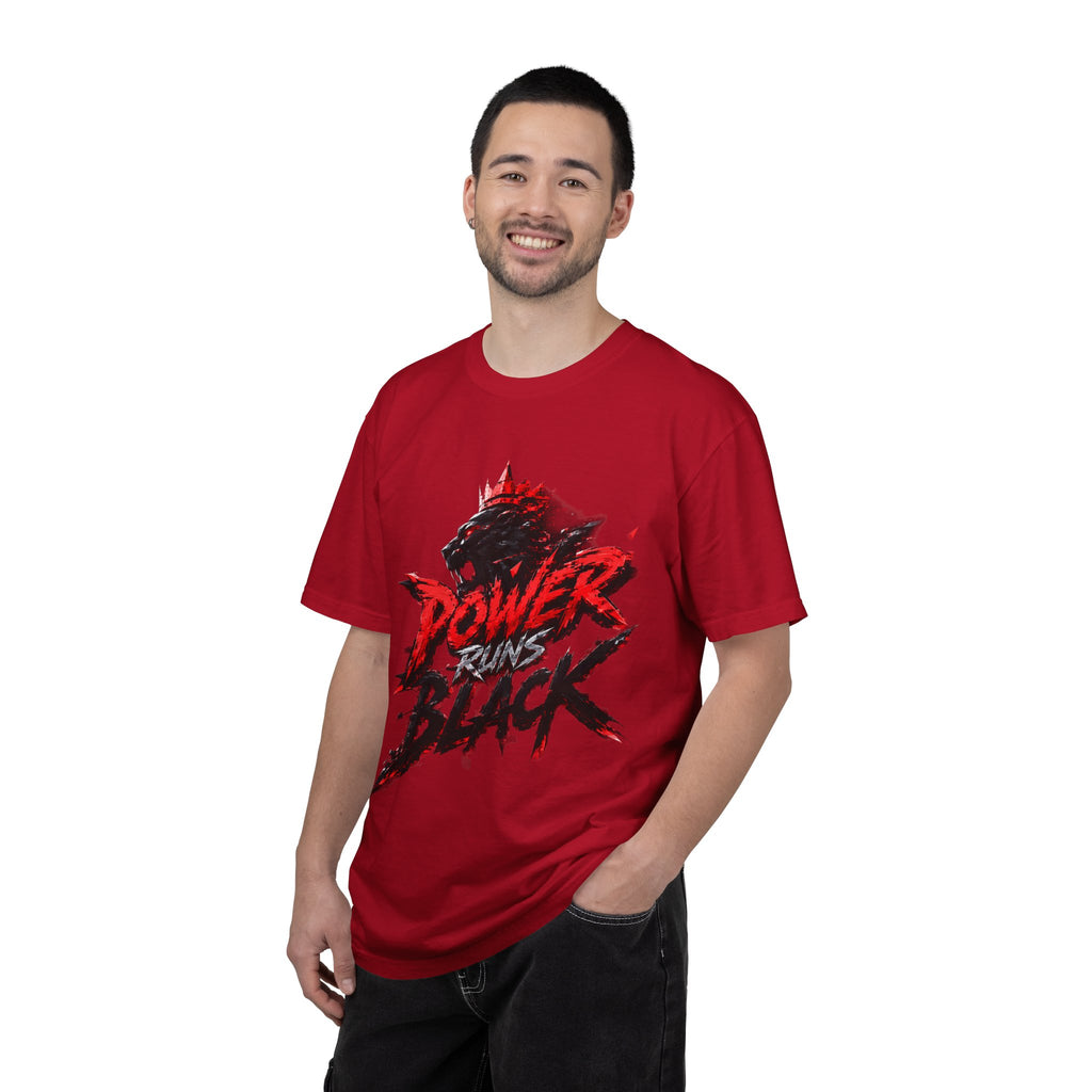 Power Runs Black T-shirt | Wolf Silhouette, Red Black Graphic Tee by Power Runs Black