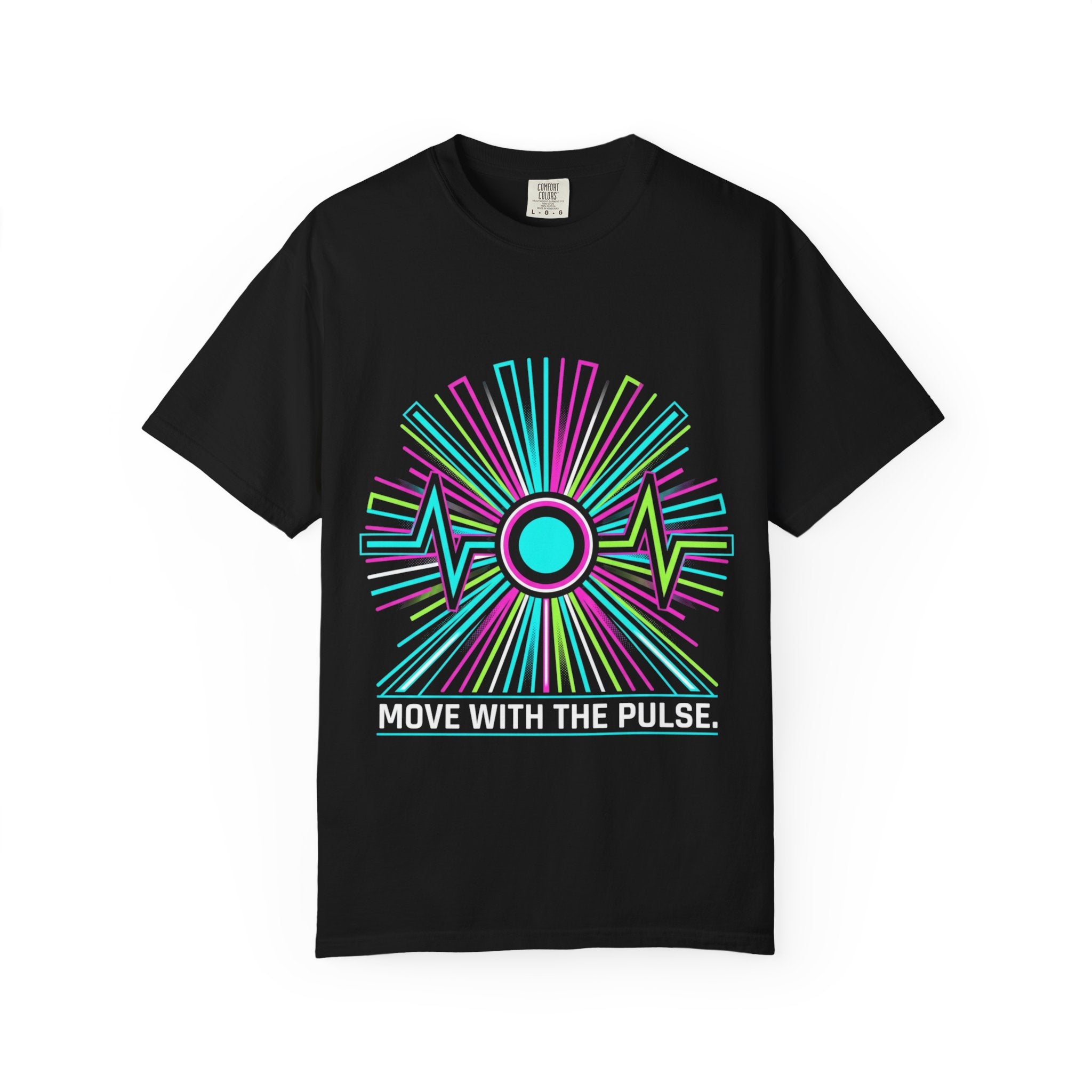 Power Runs Black PRB Electric "Move With Pulse" Graphic T-Shirt — Neon Sunburst Design by Power Runs Black