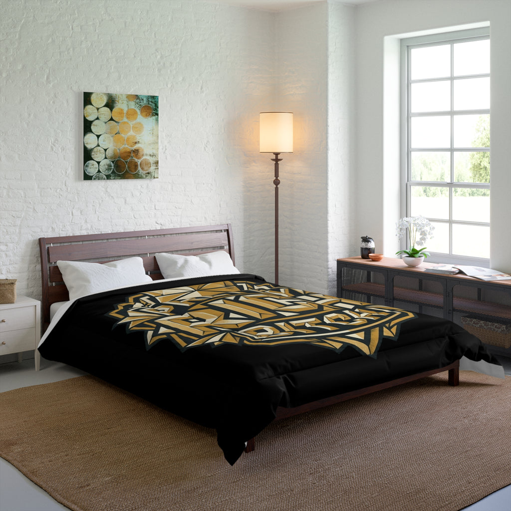 PRB Pretty Rich Bitch Comforter — Bold Gold Art Deco Luxe Bedding by Power Runs Black