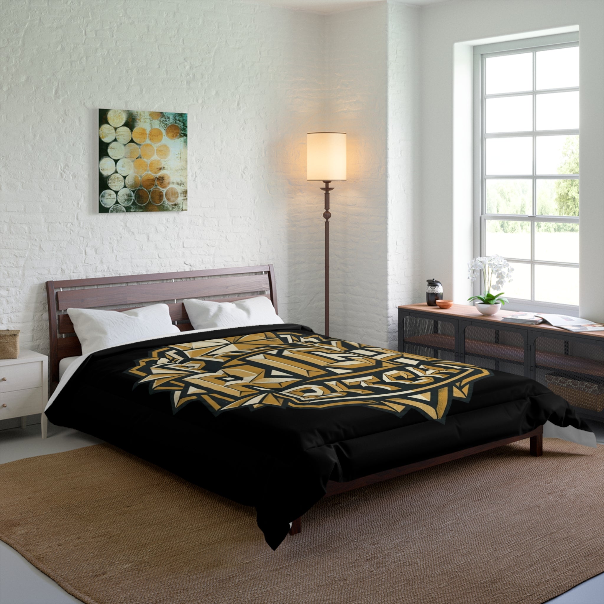 PRB Pretty Rich Bitch Comforter — Bold Gold Art Deco Luxe Bedding by Power Runs Black