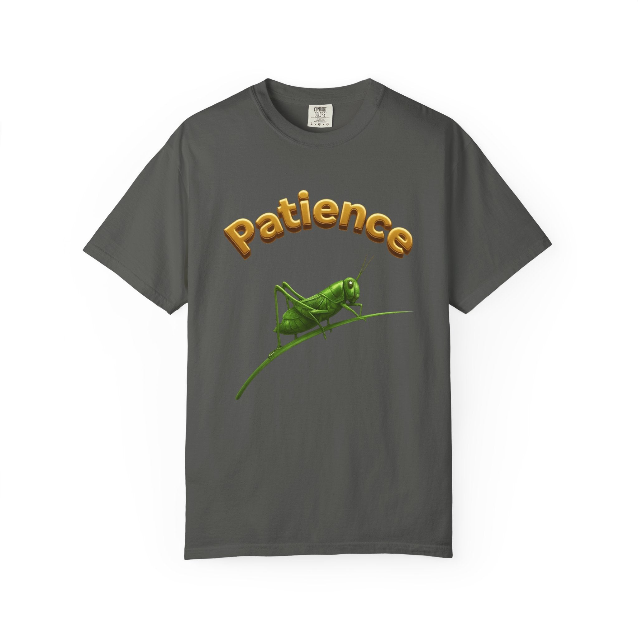 PRB Patience Grasshopper T-shirt | Green Grasshopper Illustration, Positive Quote by Power Runs Black