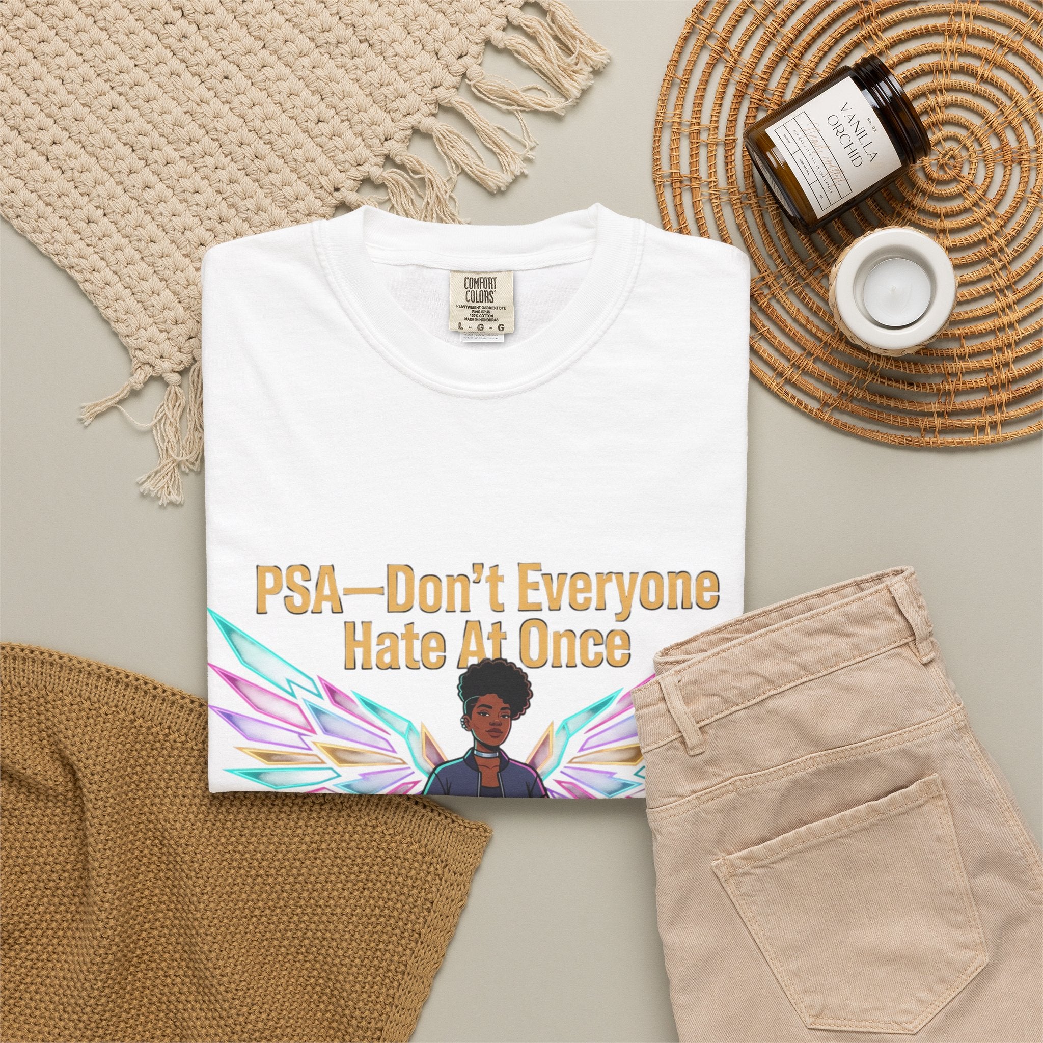 T-Shirt — PSA “Don't Everyone Hate At Once” Angel Wings Graphic Tee by Printify