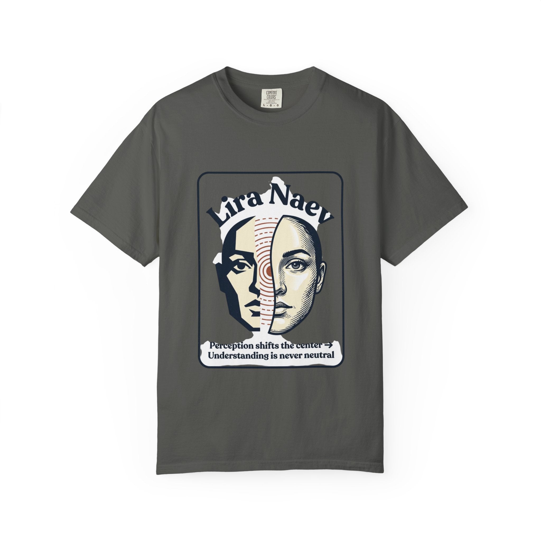 Power Runs Black PRB Lira Naev Split-Face Graphic T-Shirt — “Perception shifts the center” Statement Tee by Power Runs Black