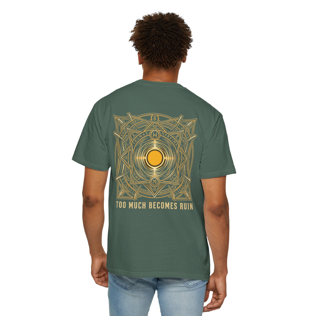 Power Runs Black PRB — Veyra Kain Geometric Sigil Tee with “Too Much Becomes Ruin” Graphic T-Shirt by Printify